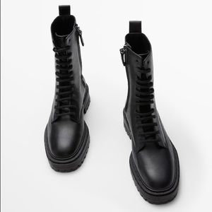 Massimo Dutti Lace Up Black Leather Boots